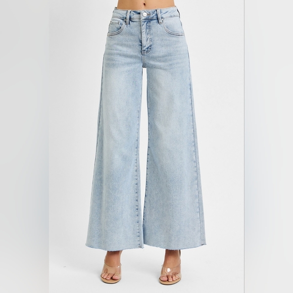 RISEN Palazzo High-Rise Ultra Baggy Wide Leg Cropped Ankle Jeans Denim Pants - Picture 10 of 16